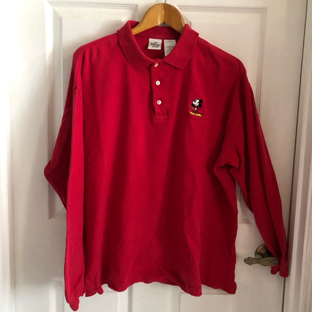 Disney polo long sleeve red classic Mickey Mouse embroidered logo collar placket